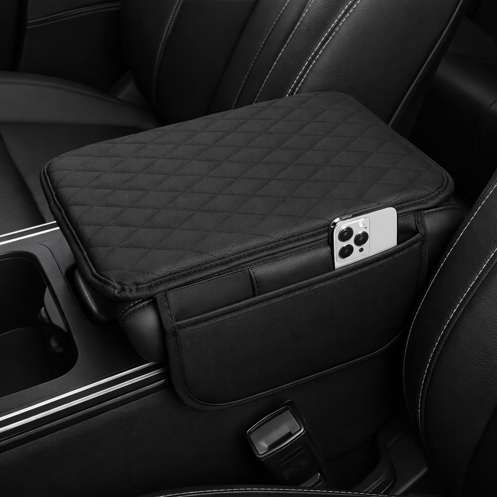 Black Quilted Car Armrest Cover Organizer